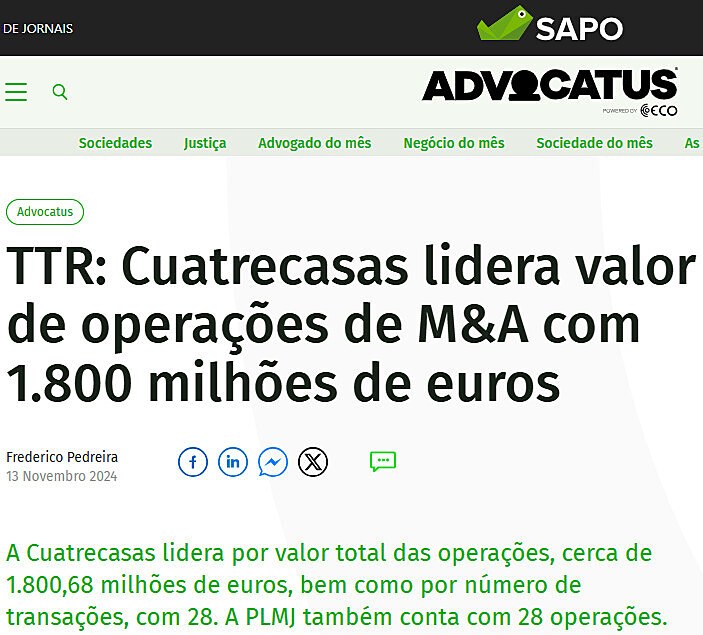 TTR: Cuatrecasas lidera valor de operaes de M&A com 1.800 milhes de euros